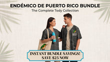 Load image into Gallery viewer, Promotional banner for the 'Endémico de Puerto Rico Bundle - The Complete Tody Collection'. It features a man and a woman modeling matching dark gray washed T-shirts with a green and yellow Tody 'PUERTO RICO' graphic on the chest, along with a beige tote bag.